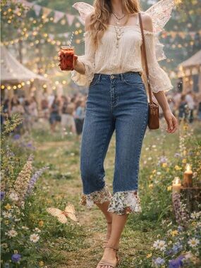 Carolina Blues Boho Cropped Capri Jeans Patchwork Hem Size 10